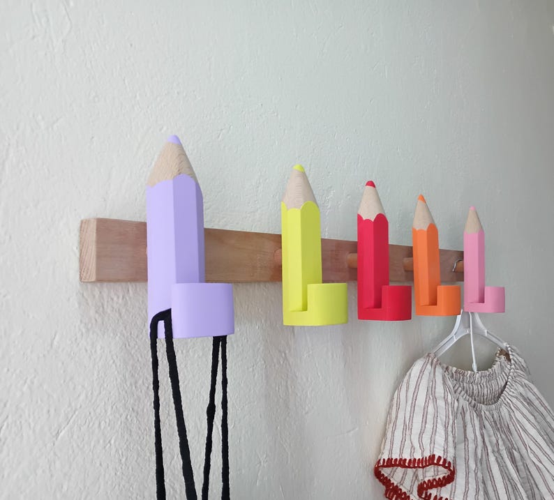 Pencil Wall Hooks for Kids, Handmade Beech Wood Coat Hooks, Montessori Nursery Decor image 7