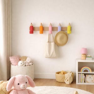 Pencil Wall Hooks for Kids, Handmade Beech Wood Coat Hooks, Montessori Nursery Decor image 2