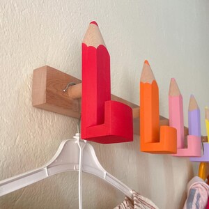 Pencil Wall Hooks for Kids, Handmade Beech Wood Coat Hooks, Montessori Nursery Decor image 3