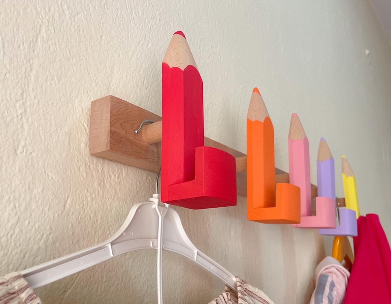 Pencil Wall Hooks for Kids, Handmade Beech Wood Coat Hooks, Montessori Nursery Decor image 3