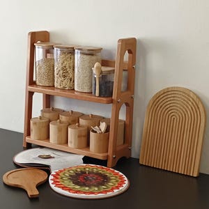 Wooden Countertop Kitchen Shelf 2 Ties , Rustic Beech Wood Kitchen Shelf , Kitchen Spice Rack , Farmhouse Kitchen Organizer