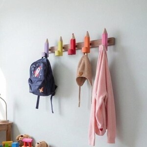 Pencil Wall Hooks for Kids, Handmade Beech Wood Coat Hooks, Montessori Nursery Decor image 4