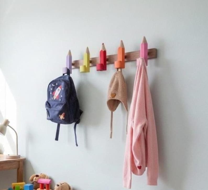 Pencil Wall Hooks for Kids, Handmade Beech Wood Coat Hooks, Montessori Nursery Decor image 4