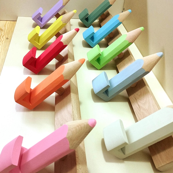 Pencil Wall Hooks for Kids, Handmade Beech Wood Coat Hooks, Montessori Nursery Decor