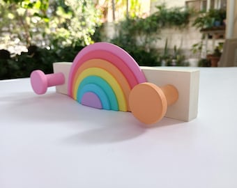 Rainbow Wall Hooks for Kids – 3D Wooden Nursery Rack – Colorful Playroom Decor