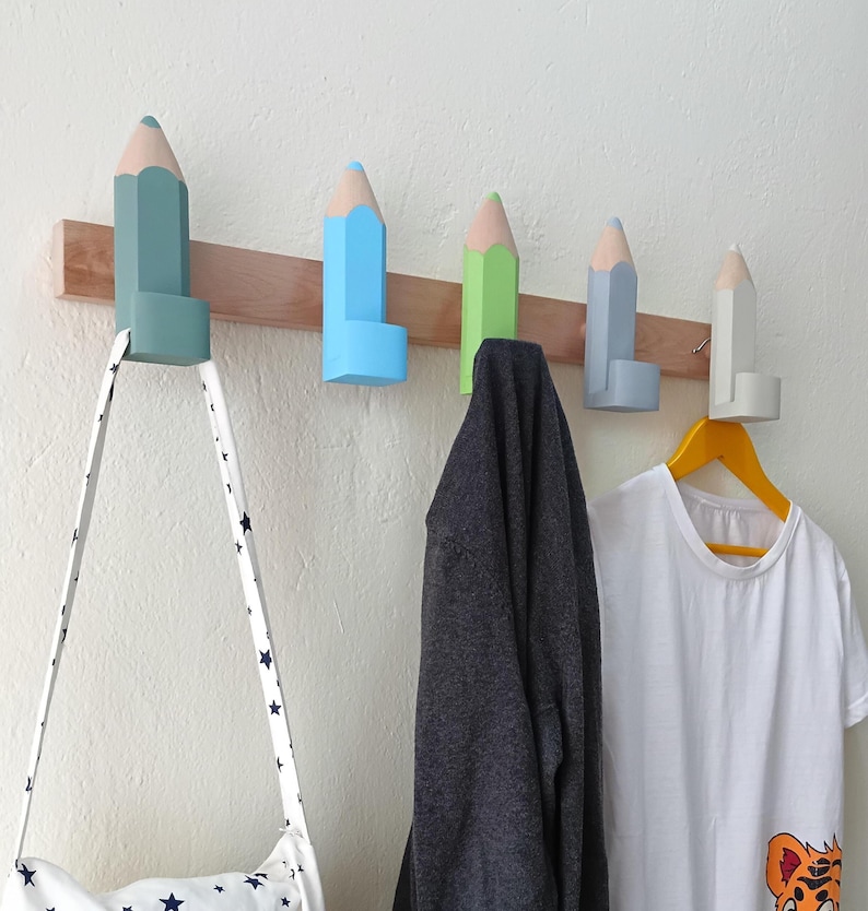 Pencil Wall Hooks for Kids, Handmade Beech Wood Coat Hooks, Montessori Nursery Decor image 5