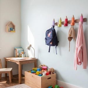 Pencil Wall Hooks for Kids, Handmade Beech Wood Coat Hooks, Montessori Nursery Decor image 6