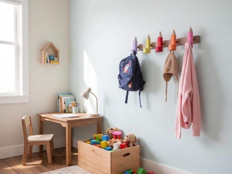 Pencil Wall Hooks for Kids, Handmade Beech Wood Coat Hooks, Montessori Nursery Decor image 6