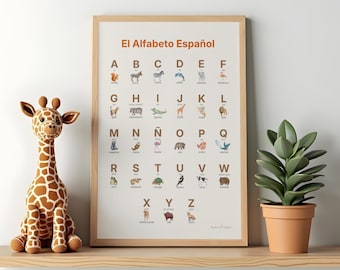 May include: A framed Spanish alphabet chart with animal illustrations, a stuffed giraffe, and a potted plant. The chart displays the alphabet with corresponding animal images. The giraffe is brown and cream-coloured. The plant is in a terracotta pot.