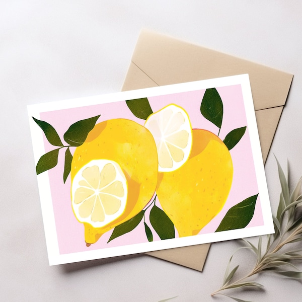 Fun Postcard Printable Art Design Illustration 6x4 Print Digital Download Botanical Art Lemon Print Design Decor Flower Artwork Colorful