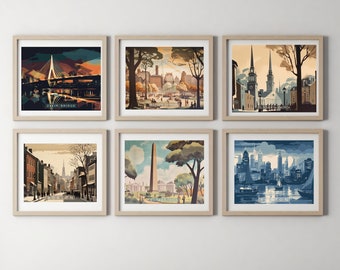 Boston Landmarks Wall Art Set: Boston, Boston Common, Old North Church, Zakim Bridge & Bunker Hill Monument Digital Prints, Retro, Painting