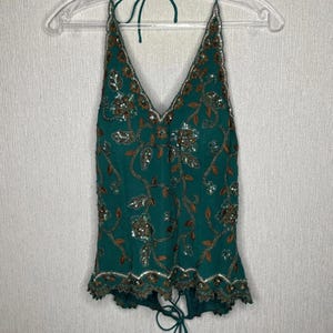 Vtg Y2K Aftershock 100% siden gröna broderade pärlor halterneck korsett snörning M