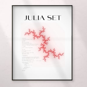 May include: A framed print with the title "Julia Set" in black text at the top. The print features a red fractal image with a white background and a code snippet describing the mathematical formula for generating the image.