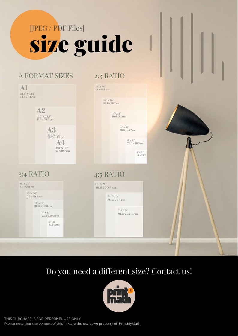May include: A size guide for printable files in JPEG or PDF format. The guide shows different paper sizes in inches and centimeters, including A1, A2, A3, and A4. It also includes size options for 2:3, 3:4, and 4:5 ratios.