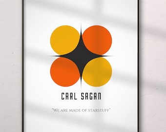 Póster geométrico estilo Bauhaus con cita de Carl Sagan, inspiración cósmica.