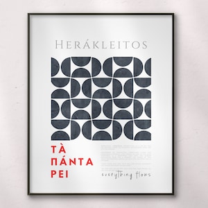 Puede incluir: Una impresión geométrica en blanco y negro con una cita de Heráclito, "Tà Pànta Rei", que significa "todo fluye".