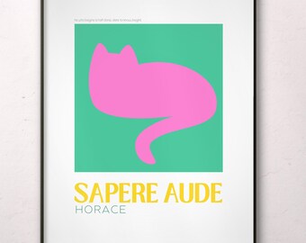 Arte de pared minimalista con un gato filósofo, cita motivacional en latín para imprimir