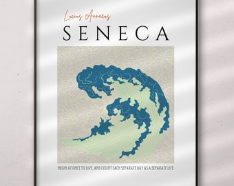 Póster imprimible de filosofía estoica con cita de Séneca en estilo japonés.