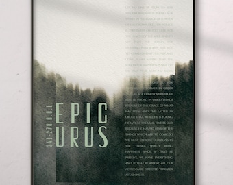 Cita filosófica de Epicuro con arte mural abstracto, imprimible en blanco y negro.