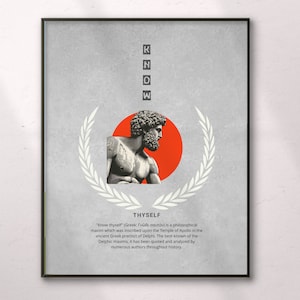 May include: Framed art print with a gray background featuring the word "KNOW" stacked vertically. A bust of a man with a beard is set against a red circle, surrounded by a laurel wreath. The text "THYSELF" and a quote are below.