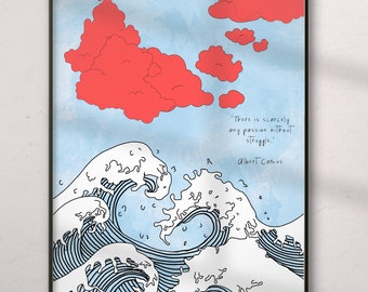 Póster inspirador con cita de Albert Camus, arte de pared imprimible con ondas de estilo japonés