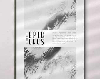 Arte mural de filosofía de vida en blanco y negro, cita de Epicuro sobre la ansiedad con arte abstracto