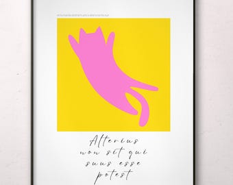 Póster imprimible de gato estoico con cita filosófica latina.