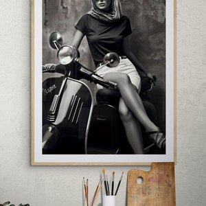 May include: A black and white photo of a woman wearing sunglasses and a scarf, sitting on a vintage Vespa scooter. The background is a textured wall.