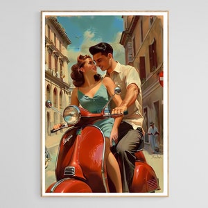 First time on Vespa, Vintage Art, Vintage Vespa scooter, Travel poster, Romance, 1950s, 1960s style print, Italian travel poster