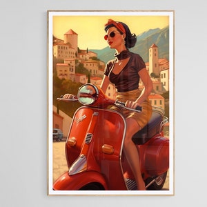 Vintage Poster, Vintage Vespa, Travel poster, Art Deco, Romance, 1950s, Automotive advertising, 1960s style print, Italian travel poster