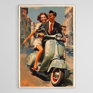 Beautiful couple riding Vespa, Vintage Art, Vintage Vespa scooter, Travel poster, , Romance, 1950s, 1960s style print, Italian travel poster