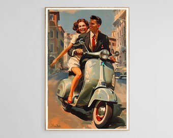Vintage Vespa Scooter Print: 1950s Italian Travel Poster (Digital Download)