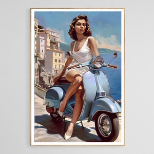 Beatuful Italian model on vintage 1970s blue Vespa , Travel poster, Romance, 1970 80s, Automotive advertising, Vintage Travel poster