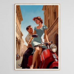 Beautiful couple, Vintage Poster, Vintage Motobike, Travel poster, Art Deco, Romance, 1950s, 1960s style print, Italian travel poster
