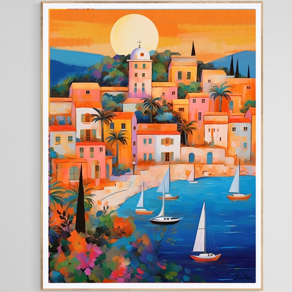Sunset on the French Riviera,  Côte d'Azur, Vintage French Art Deco travel poster "Sun-Kissed" Collection, Monaco, Saint-Tropez