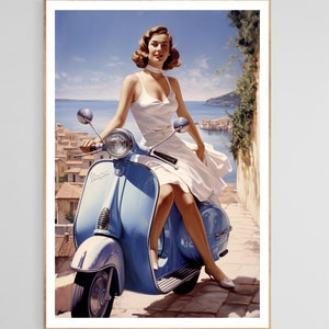 Blond model on vintage blue Vespa , Travel poster, Romance, 1950s, Automotive advertising, 1960s style print, Italian, Frence, travel poster