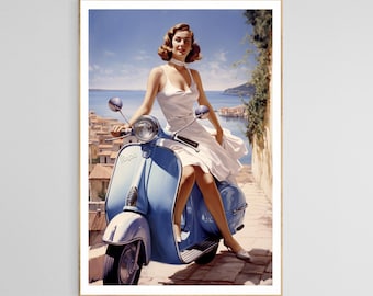 Blond model on vintage blue Vespa , Travel poster, Romance, 1950s, Automotive advertising, 1960s style print, Italian, Frence, travel poster