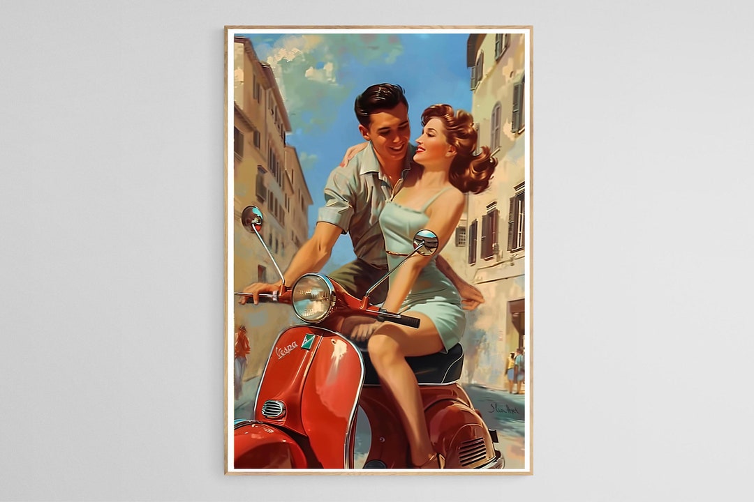 Vintage Travel Poster - Mulazzo, Italy - Couple on Vespa