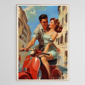 First time on Vespa, Vintage Art, Vintage Vespa scooter, Travel poster, Romance, 1950s, 1960s style print, Italian travel poster