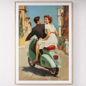 Couple riding green Vespa, Vintage Art, Vintage Vespa scooter, Travel poster, , Romance, 1960s, 1970s style print, Italian travel poster