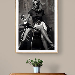 May include: Black and white photograph of a woman wearing sunglasses and a white skirt, sitting on a vintage Vespa scooter.