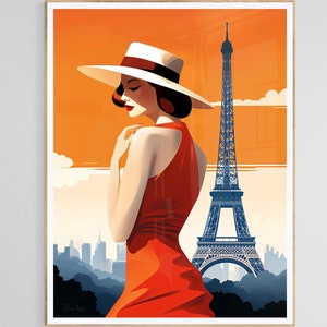 Póster de viaje vintage de París, modelo de los años 70, un viaje de moda a través del tiempo, romance, impresión de los años 60, póster de viaje francés.