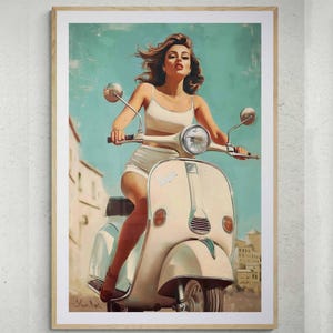 Vintage Whte Vespa, Vintage Vespa Poster, Travel Poster, 1980 Art, Romance, 1970s, Automotive Advertising, 1980s style print, Italian Vespa
