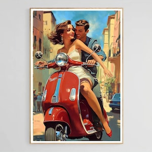 Italy First Time on Vespa, Vintage Art, Vintage Vespa scooter, Travel poster, Romance, 1950s, 1960s style print, Italian travel poster