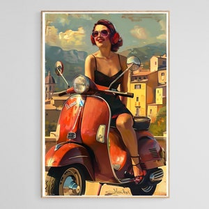 Girl in black on red Vespa Vintage Automotive Poster, Vintage Vespa, Travel poster, Romance, 1970s, Automotive advertising, 1970s style prin