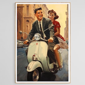 1950s Vintage Poster, Vintage Vespa scooter, Travel poster, Vespa, 1950s style print, Italian travel poster, 1950s automotive advertising