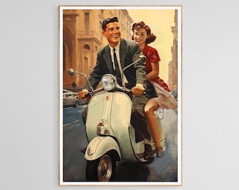 Art Illustration of Vintage Vespa Scooter Poster: 1950s Italian Travel Print (Digital Download)