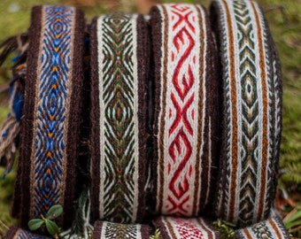 Hand-woven band. Viking style and Baltic style Trim/Band/Belt (100% Wool),Without Tassels. 4 Patterns.