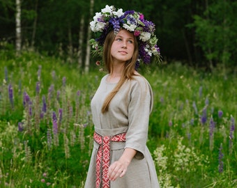 Long linen dress. Long Natural/Raw linen dress with  RED sash Belt/ Baltic style Trim/Band. Viking dress. Baltic style dress. Luxurious gift