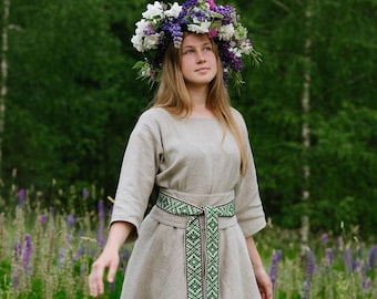 Long Natural/Raw linen dress with GREEN sash Belt/ Baltic style Trim/Band. Linen dress. Viking dress. Baltic style dress. Luxurious gift